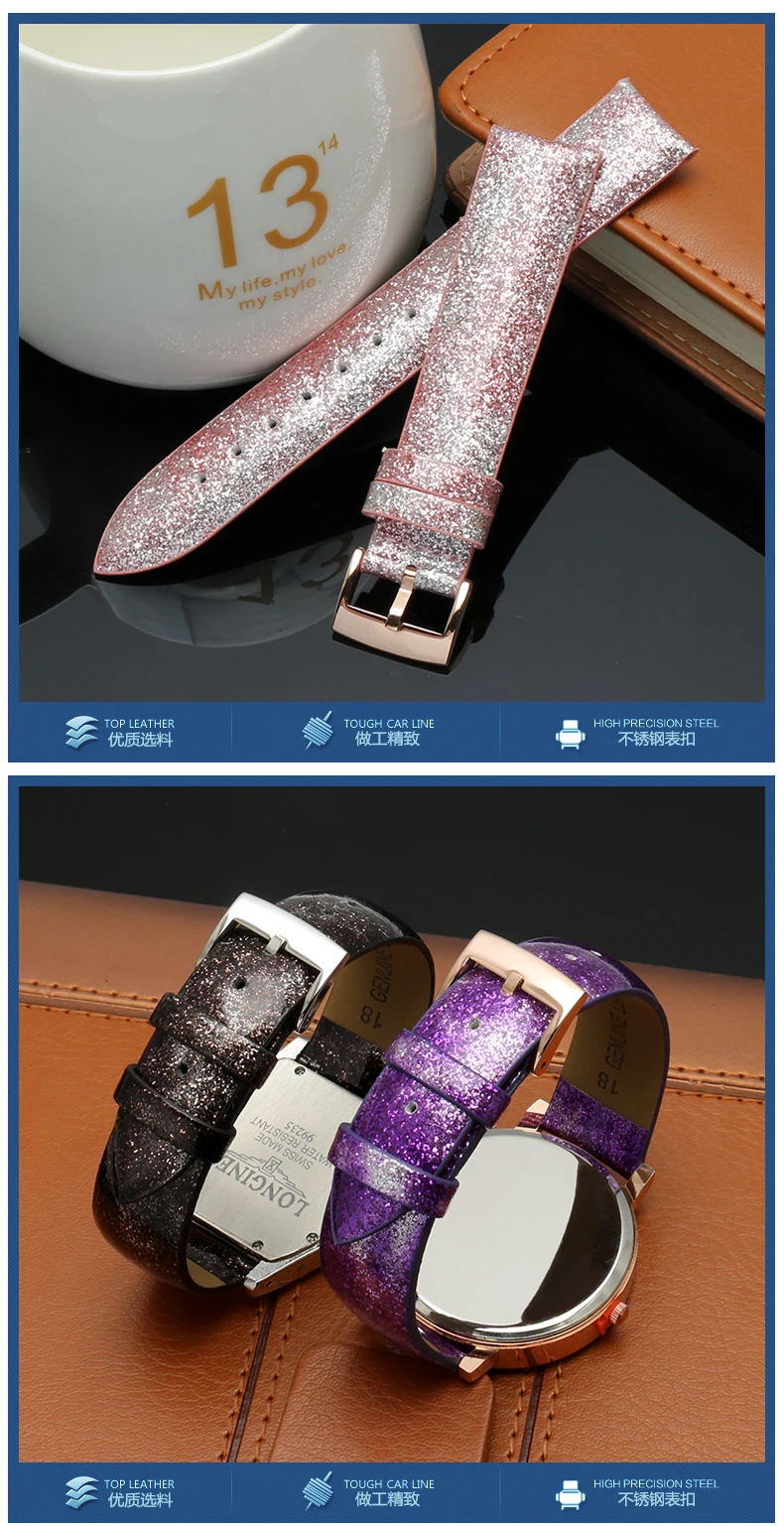 For pretty lady New high quality thin leather strap pink powder purple watch accessories 12mm 14mm 16mm 18mm 20mm 22mm watchband