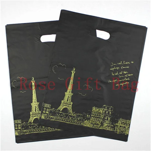 

50pcs/lot 25x35cm Tower Print Black Plastic Gift Bag Shopping Bags With Handle Big Plastic Jewelry Clothing Gifts Packaging Bags