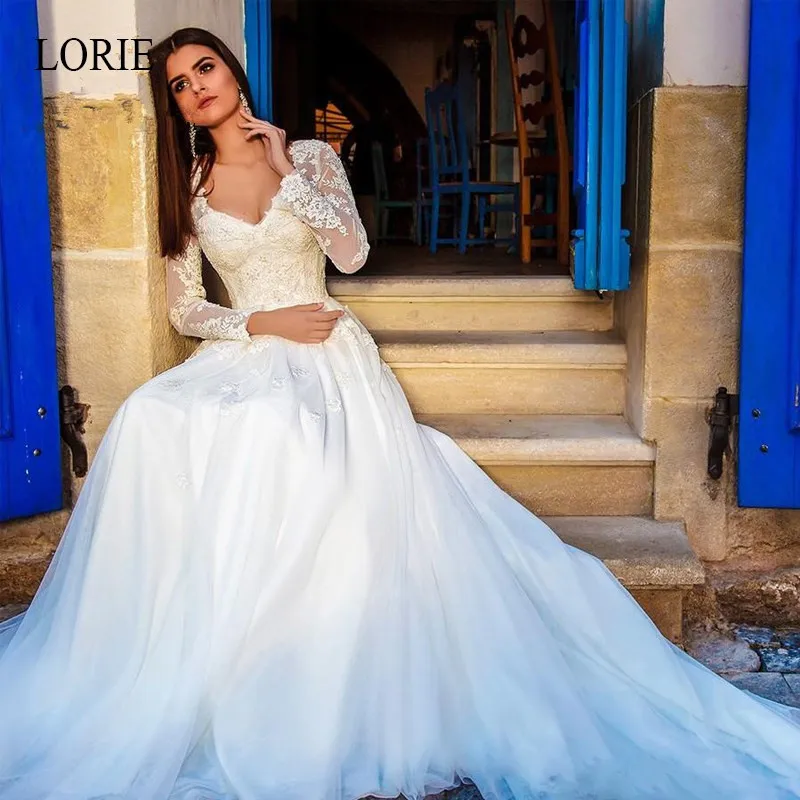 Lorie A Line Wedding Dresses 2019 Long Sleeve V Neck Elegant