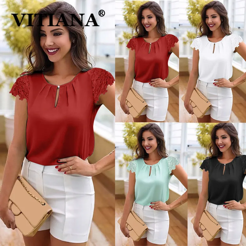 VITIANA Women Casual Chiffon Blouse Summer 2019 Female Lace Short Sleeve O-Neck Button Beach Womens Tops Office Work Blouses VITIANA Women Casual Chiffon Blouse Summer 2019 Female Lace Short Sleeve O-Neck Button Beach Womens Tops Office Work Blouses