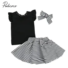 Коллекция года, От 1 до 6 лет летней одежды для малышей футболка с оборками на рукавах и бусинами для маленьких девочек топы+ полосатые юбки-пачки+ повязка на голову, комплекты одежды из 3 предметов