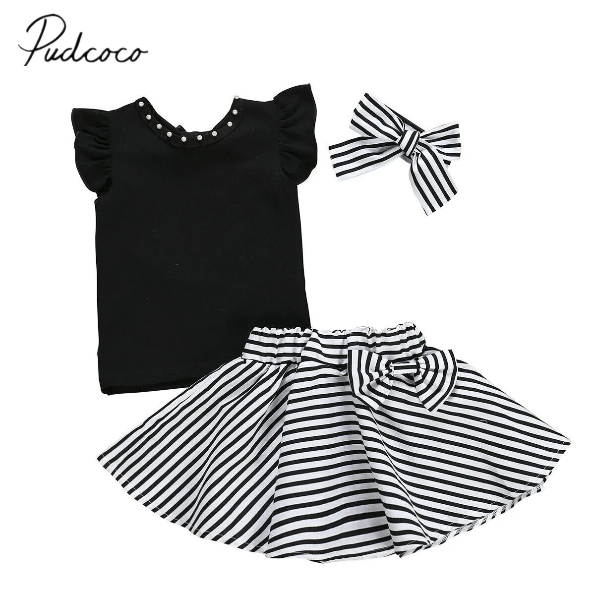 

2019 Baby Summer Clothing 1-6Y Toddler Girls Ruffles Sleeve Beads T-shirt Tops+Striped Tutu Skirts+Headband 3PCS Outfits Sets