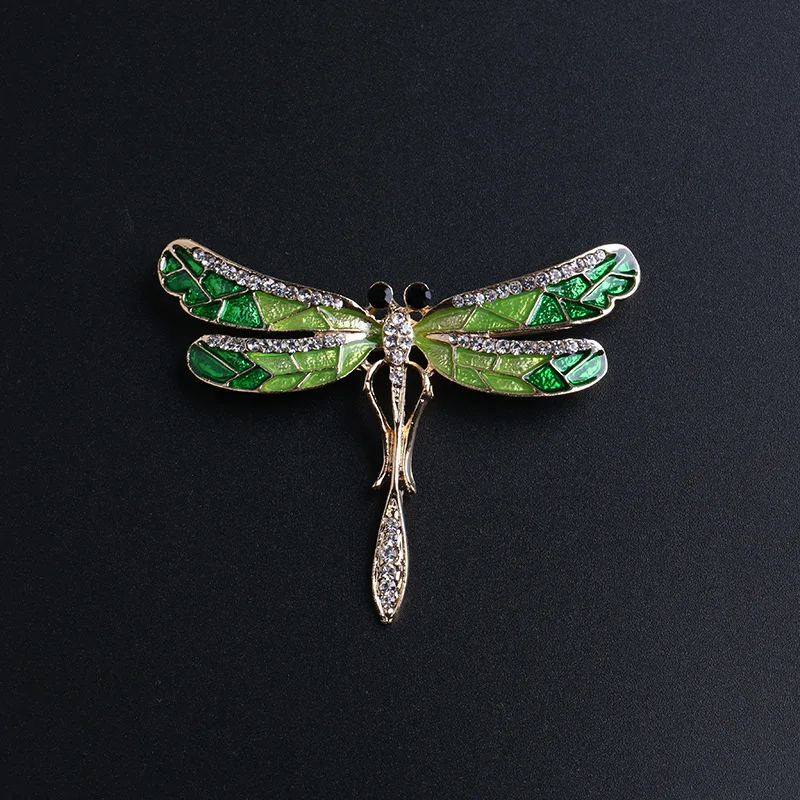 

SHUANGR High Quality Crystal Dragonfly Brooches for Women Girl Green Jewelry Scarf Lapel Pins Brooch Antique Gold Color Acc