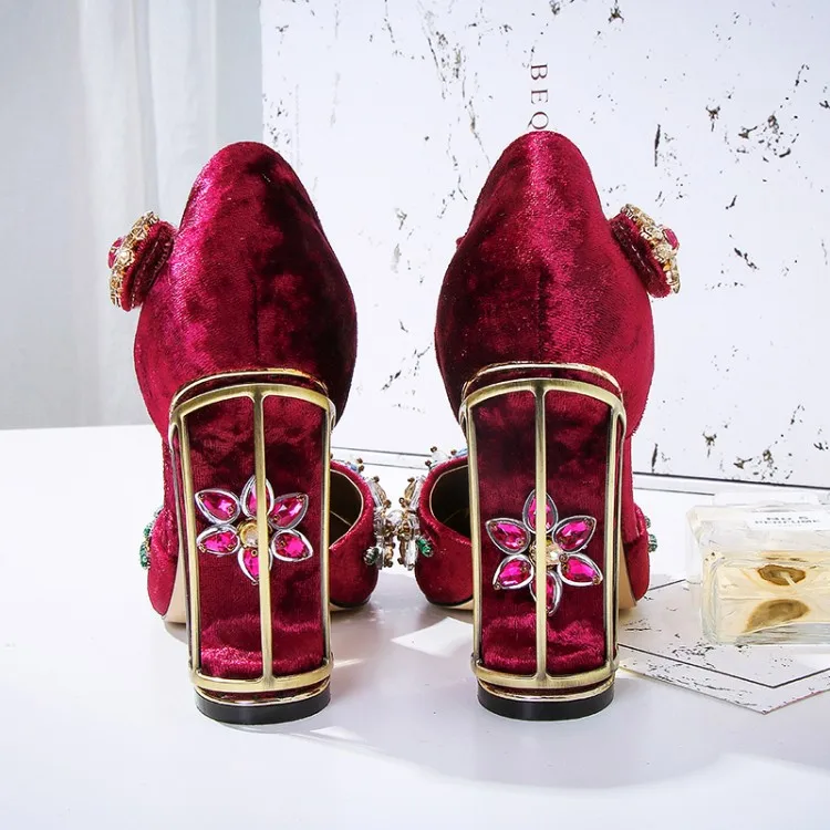 Talons Haute Mariage De Chaussures Birdcage Épais Velours Étrange Cristal Style Conception Robe Coupe Pompes Fleur Perles Femmes Piste Talon circuit xUqwU0P