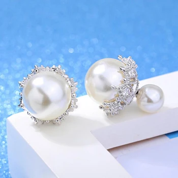 

925 Sliver Lace Earrings Zircon White-color ABS Simulated Double Pearl Stud Earrings Two Wear Ways Women Boucle d'oreille