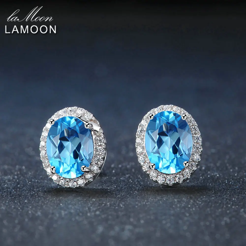 LAMOON Classic 6x8mm 100% Natural Oval Blue Topaz 925 Sterling Silver Jewelry S925 stud Earrings LMEI020