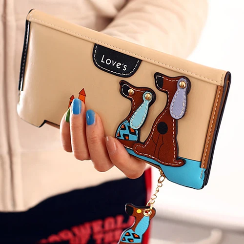 

Women Long Leather Dog Pendent Wallet Double Zip Hasp Purse With Card Holder Bag Lovely Famous Brand Wallet Women Fashion BW76