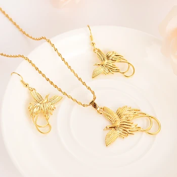 

gold color PNG Necklace pendant Earrings ring Set Women Party Gift african women Bird of Paradise wedding Jewelry girls charm