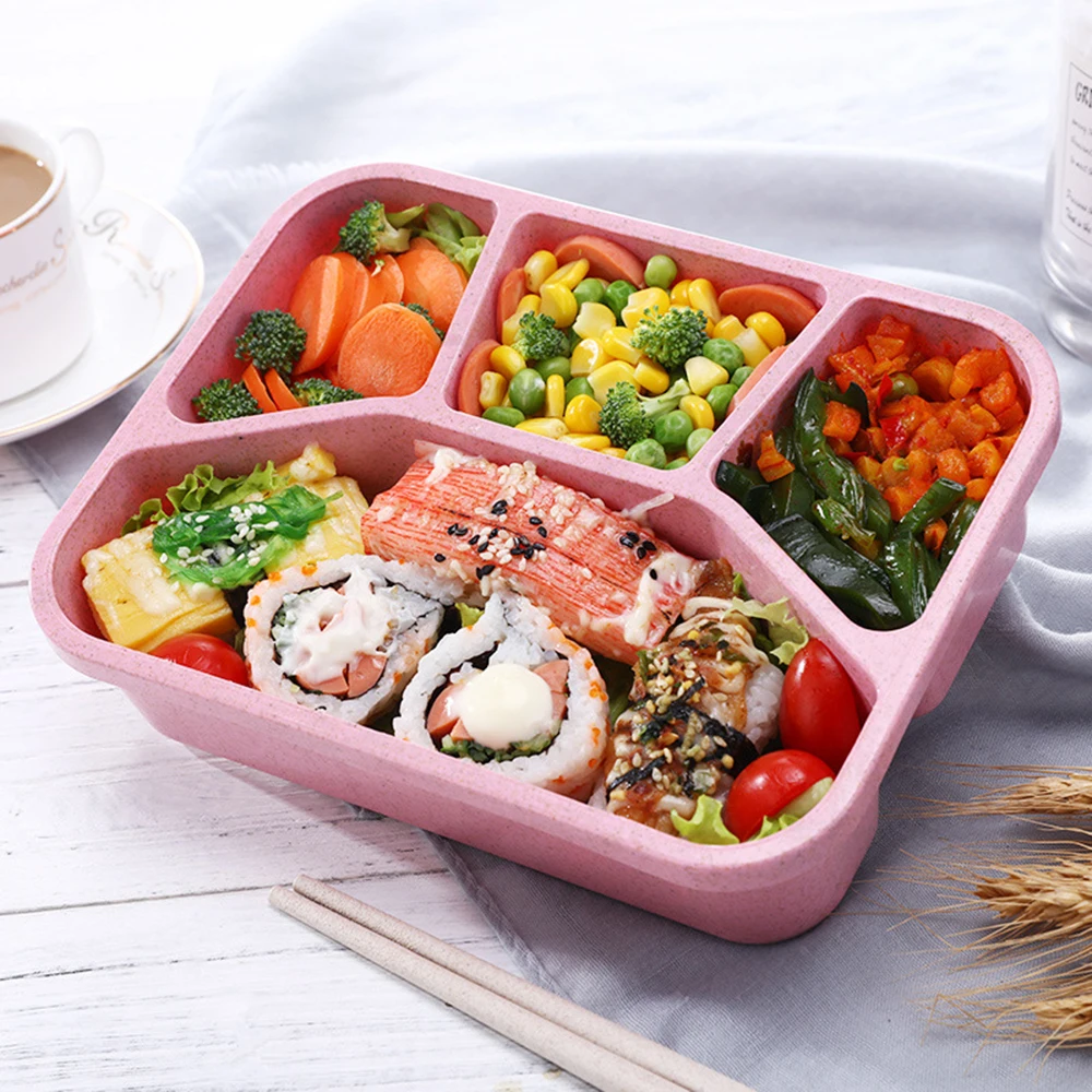 

4 Grid Wheat Straw Lunch Box Microwave Bento Box Student Picnic Portable Food Storage Box Tableware Lunch Box High Quality