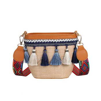

Maison Fabre Newest Tassel Chic Wild Straw Bucket Bag Vintage Beach Straw Bag Ethnic Style Ribbon Tassel Beach Bag Messenger Bag