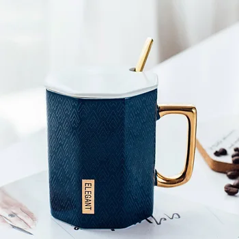 

European-style gold-rimmed ceramic coffee mug with spoon lid,milk coffee cup water glass blue black mug office Mugs Drinkware