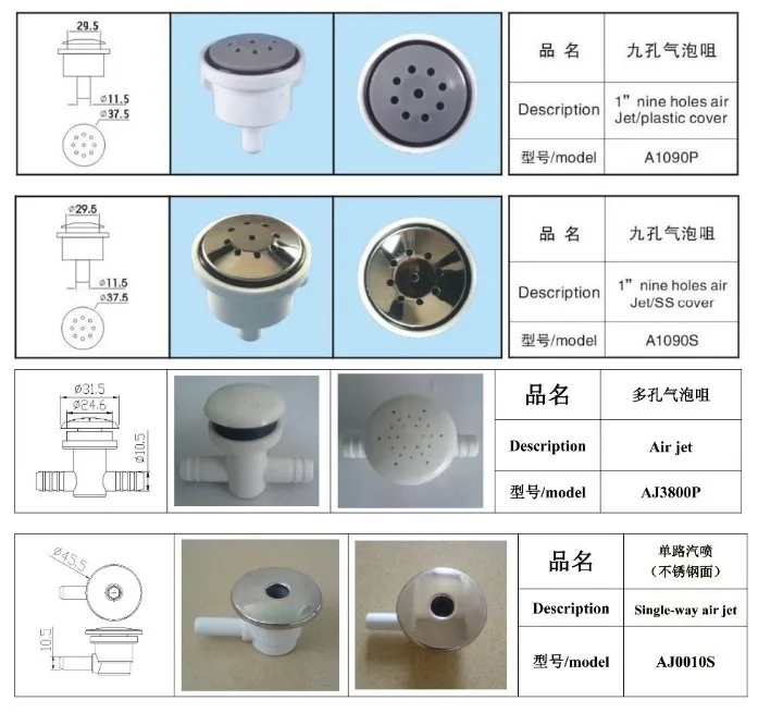 4 шт./лот 1 дюймов гидромассажная Ванна струя воздуха, струя воды, водяной пластик и нержавеющая сталь воздушный сопло для спа, для Винера, JnJ, Monalisa, Mesda