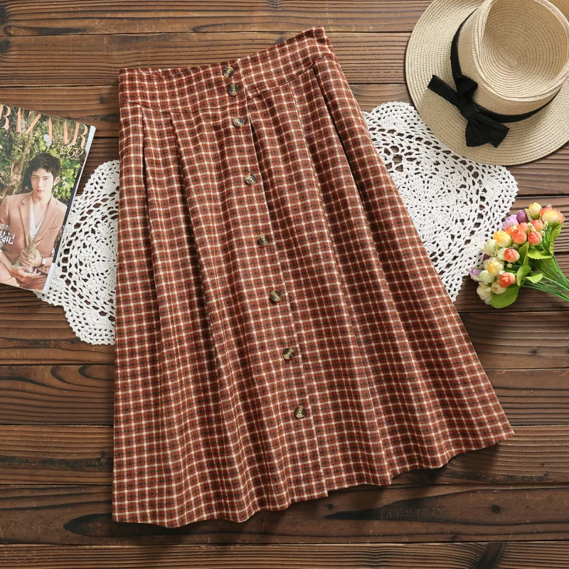 

2019 Mori Girl Autumn Winter Women Cute Skirt High Waist Plaid Vintage Buttons Female Saias Elegant Leisure Corduroy Lady Skirt