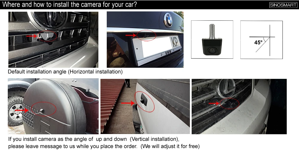 SINOSMART Universal Parking Reversing Backup Camera for Car Vehicle Stainless Metal Chrome Black Small Size