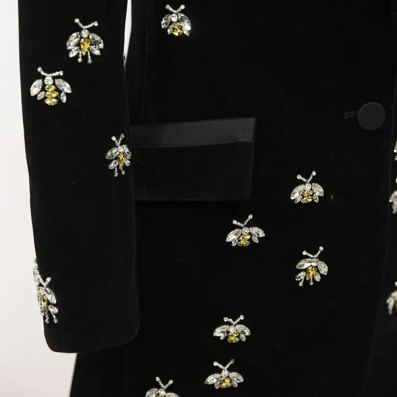 Gold velvet blazer woman spring Autumn 2019 new animal Beading  Casual Long Sleeve blazer office Elegant black long blazer women