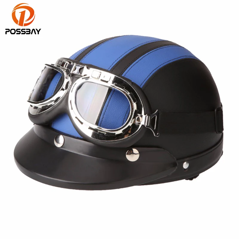 

POSSBAY Half Open Face Motorcycle Helmet Scooter with Visor UV Goggles Capacete Casco Moto Retro Helmets Vintage for kawasaki