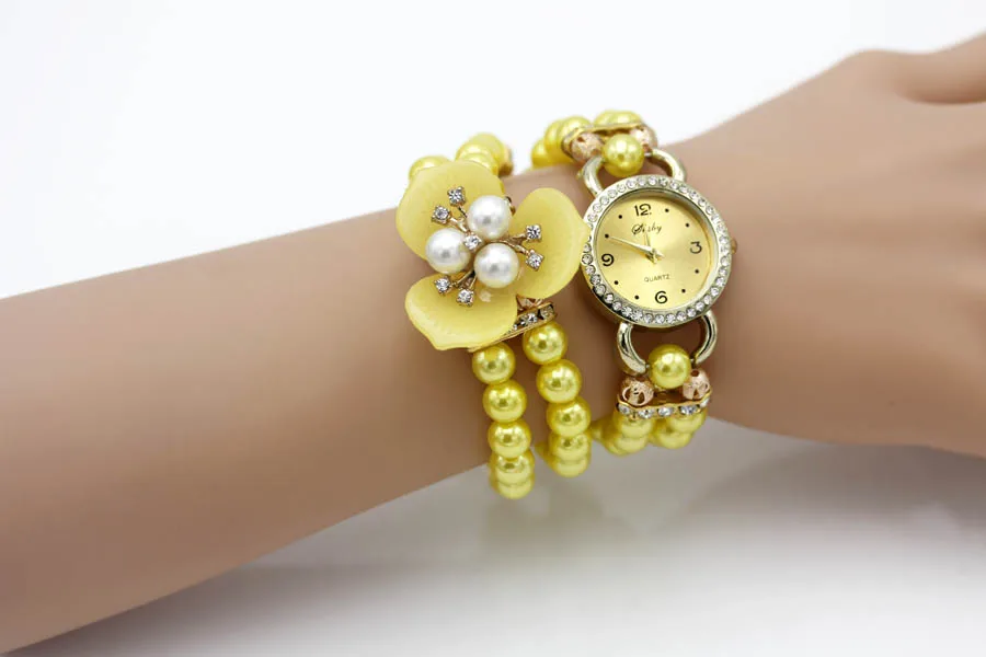 Shsby, модные женские часы, стразы, женские, жемчужный ремешок, три цветка, лепестки, браслет, кварцевые наручные часы, женские нарядные часы