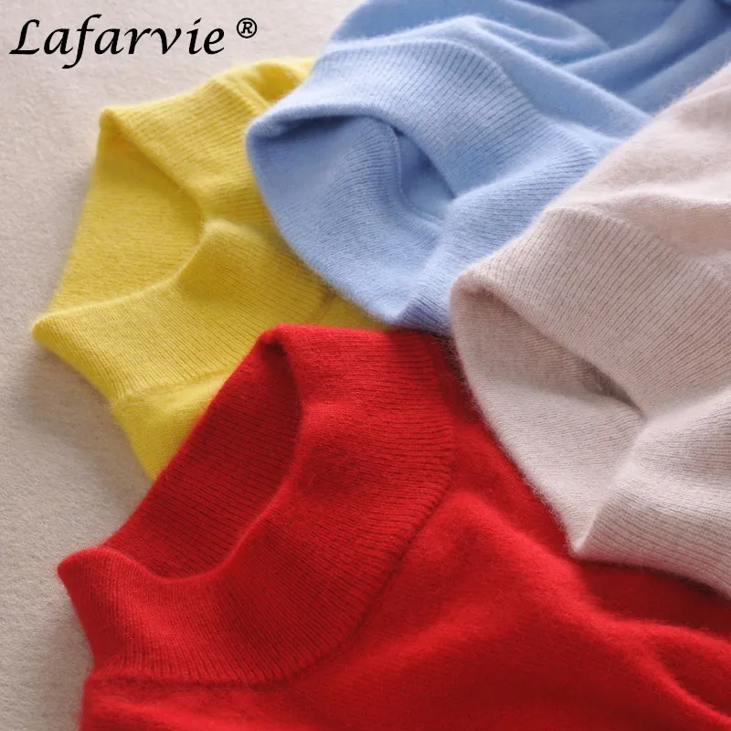 Lafarvie الأزياء الكشمير المخلوطة محبوك سترة النساء قمم الخريف الشتاء الياقة المدورة البلوفرات الإناث طويلة الأكمام بلون