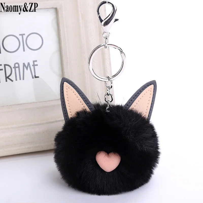 

Naomy&ZP Rex Rabbit Fur Keychain Pompon Soft Cat Ears Bags Hang Key Chain Pendant Balls Silver Key Ring Bag Pendant Gift Car