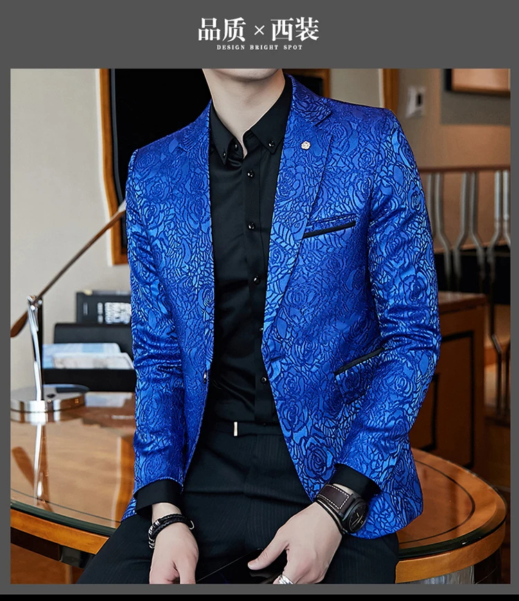 Azul real negro promo para los hombres Rose Jaquard imprimir slim fit elegante negocio Повседневная partido Traje de boda CAPA