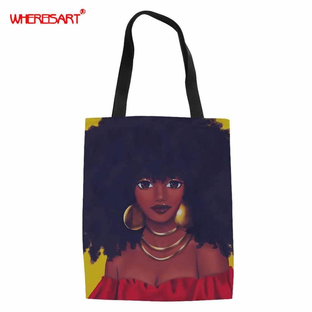

WHEREISART Black Art Shoulder Bags Environmental Shopping Bag Tote Package Girls Purses Casual Handbag For Women African Bag