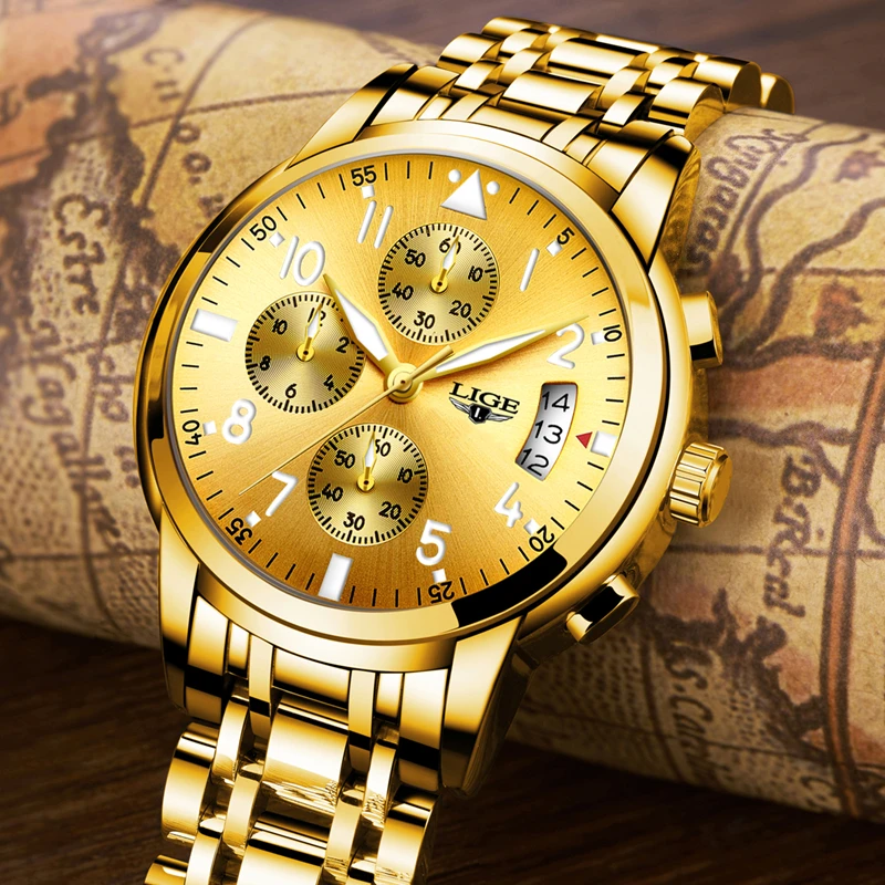 

LIGE Mens Watches Top Brand Luxury Fashion Business Quartz Watch Men Sport Full Steel Waterproof Gold Clock relogio masculino
