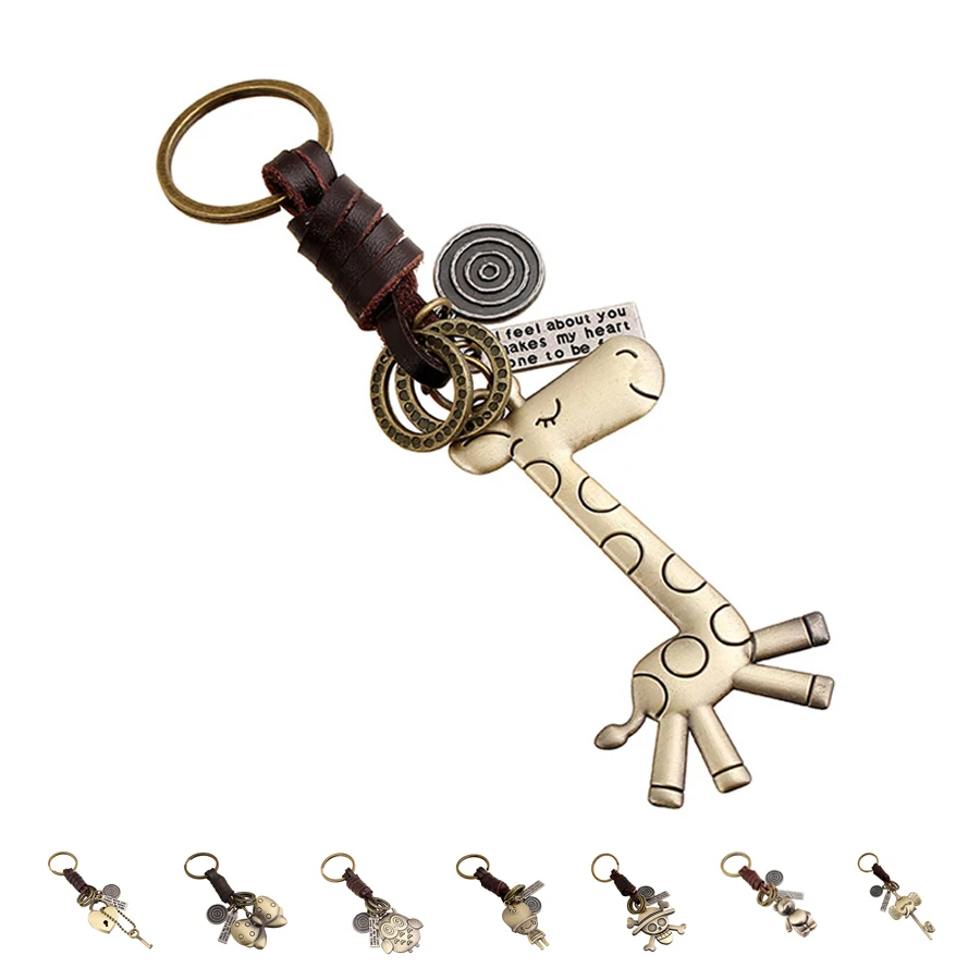 Free Shipping 13 Style Cute Animal Bronze Plated Genuine Leather Vintage Punk Key Chains For Men And Women Jewelry Gifts E0523