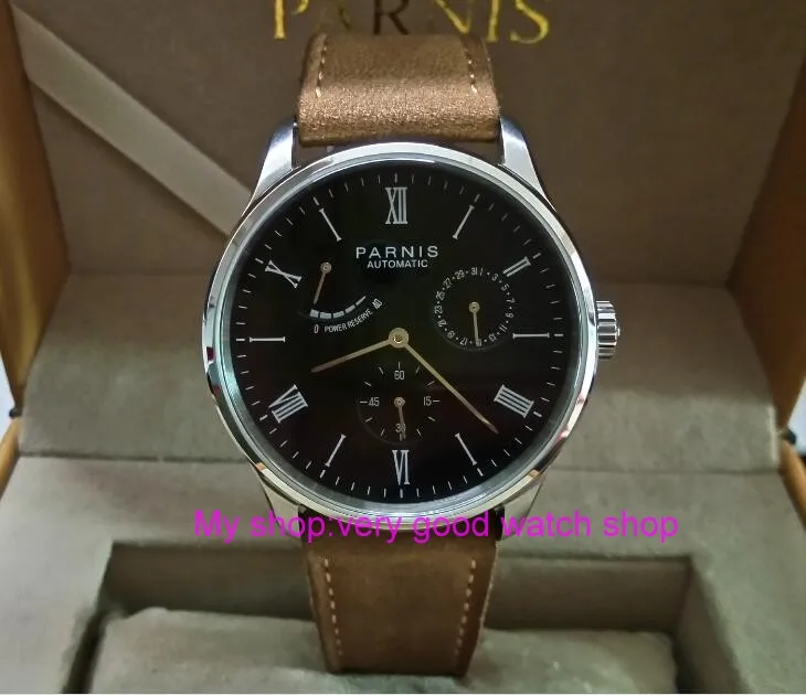 

PARNIS 40mm black dial Automatic Self-Wind movement power reserve men's watch Auto Date Mechanical watches wholesale 327a