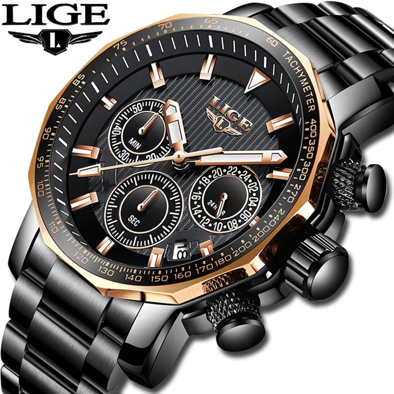 

LIGE Men Watch Luxury Business Waterproof Military Watches Men's All Steel Gold Quartz Chronograph Top Brand Relogio Masculino