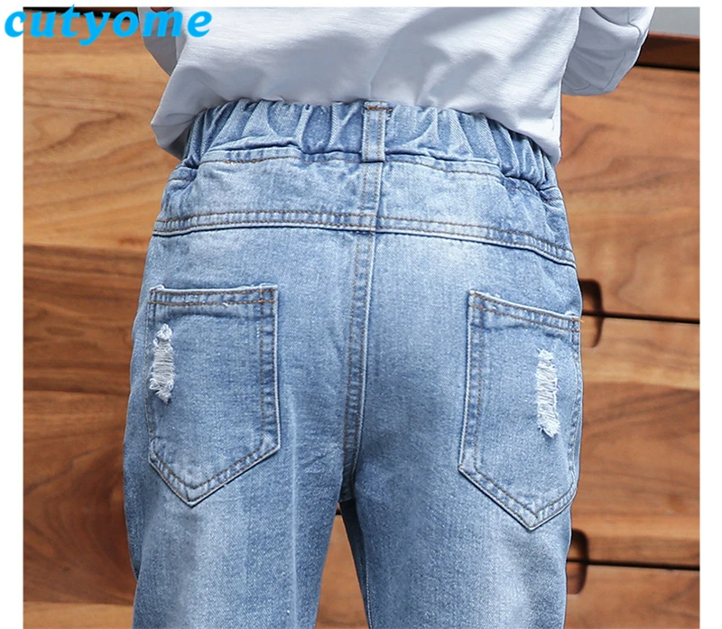 Для девочек-подростков рваные джинсы 2019 Мода прямой максимальной длины детские джинсовые штаны Демисезонный джинсы для маленьких девочек