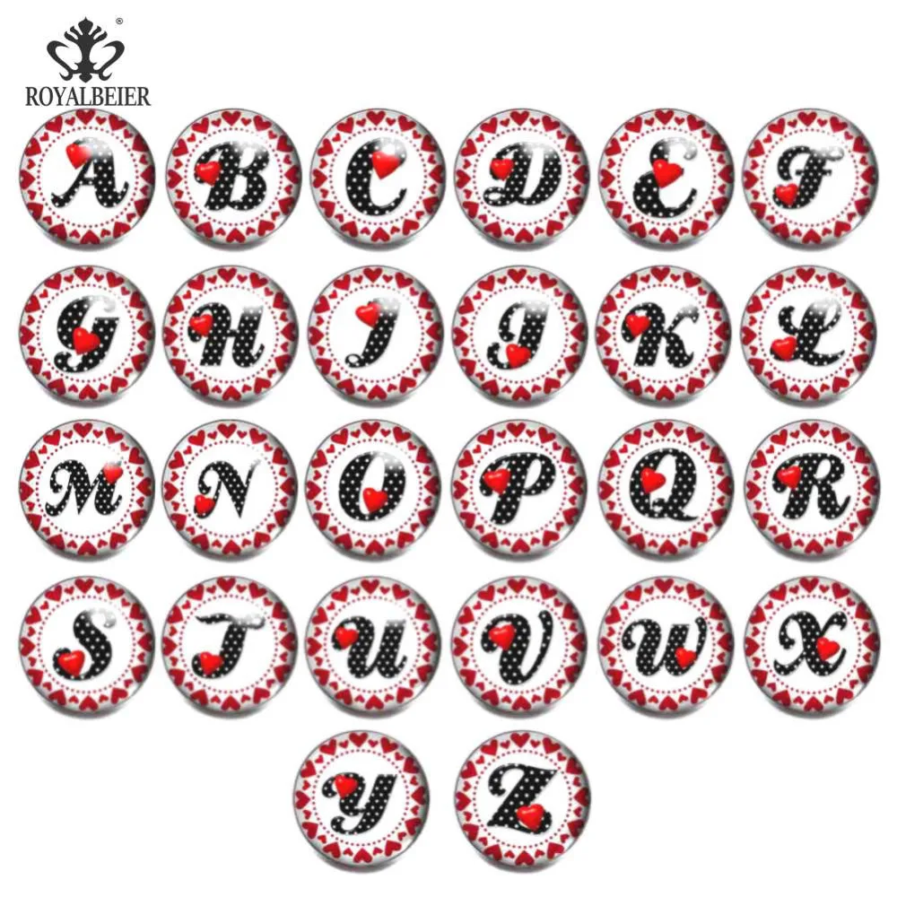 ROYALBEIER 26pcs/lot High Quality A-Z Letters Alphabet Snap Jewelry 18/20mm Glass Snap Button Fit Snap Bracelet Mixed Wholesale
