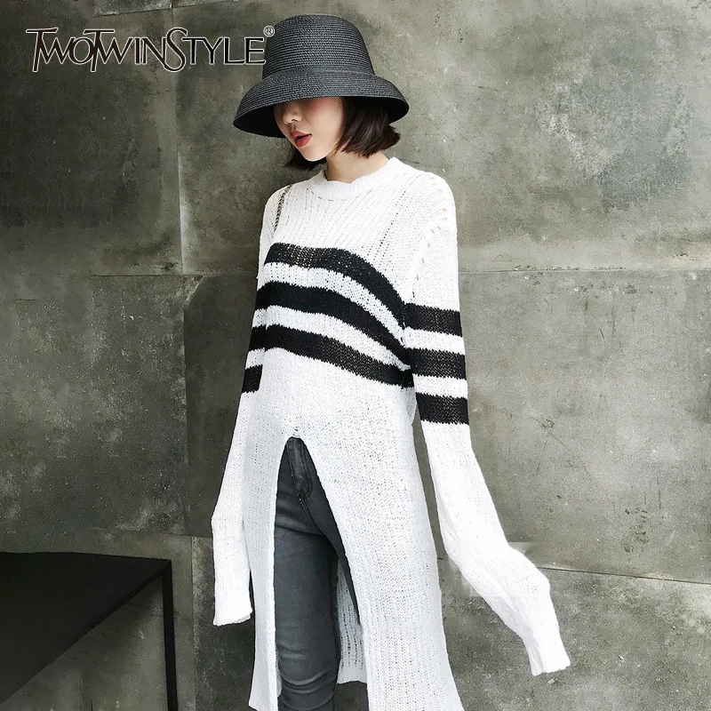

TWOTWINISTYLE Splitted Women's Sweater Hollow Out Striped Pullovers Long Sleeve Female Knitting Autumn Casual Clothing Big Size