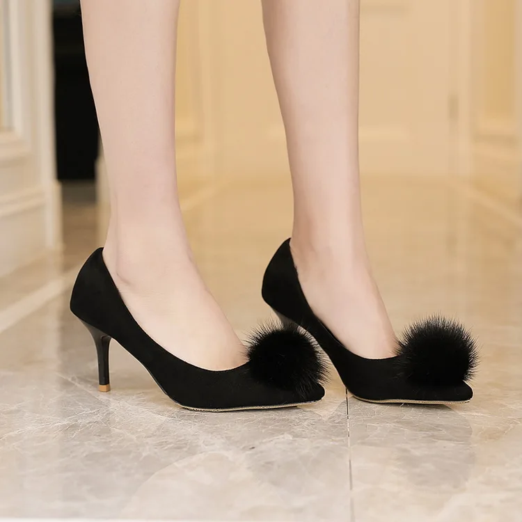 LALA IKAI Fur Pompon Decoration Women's Heels 2017 Fashion Flock 2017 Women's Pumps Wedding Shoes 040C0922-4 (5)
