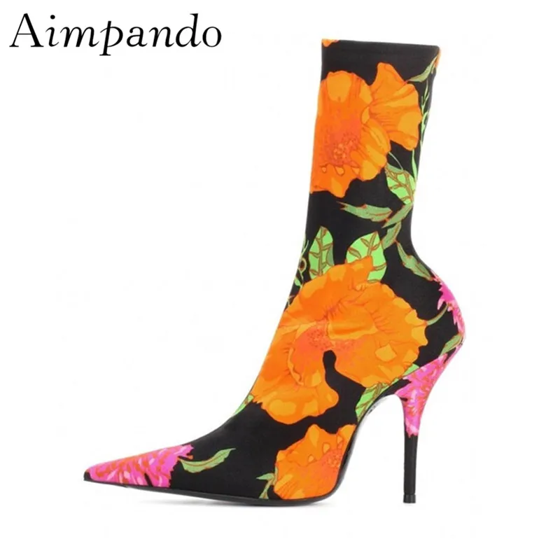 

Fashion Catwalk Stretch Ankle Boots Women Pointed Toe Stiletto Heels Sock Booties Colorful Botas Mujer