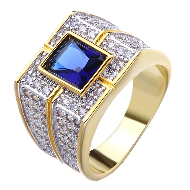 Мужское Шикарное Кольцо в стиле хип-хоп Iced Out золотого цвета с квадратным синим камнем, стразы Cz, роскошное мужское кольцо, модное кольцо на палец, Прямая поставка - Цвет основного камня: CY372