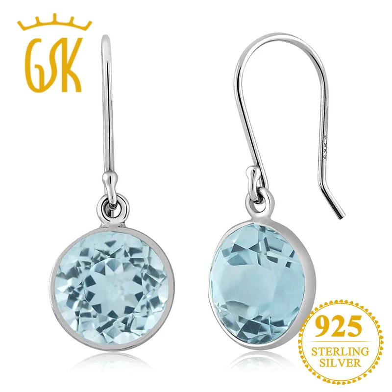 

GemStoneKing 9mm 6.50 Ct Round Natural Blue Topaz 925 Sterling Silver Dangle Earrings For Women Fine Jewelry