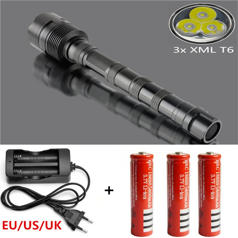 

6000LM 3x Camp XML T6 5Modes LED Police Flash light Torch Waterproof Tactical Flashlight + 3x18650 Battery+EU/US/UK charger
