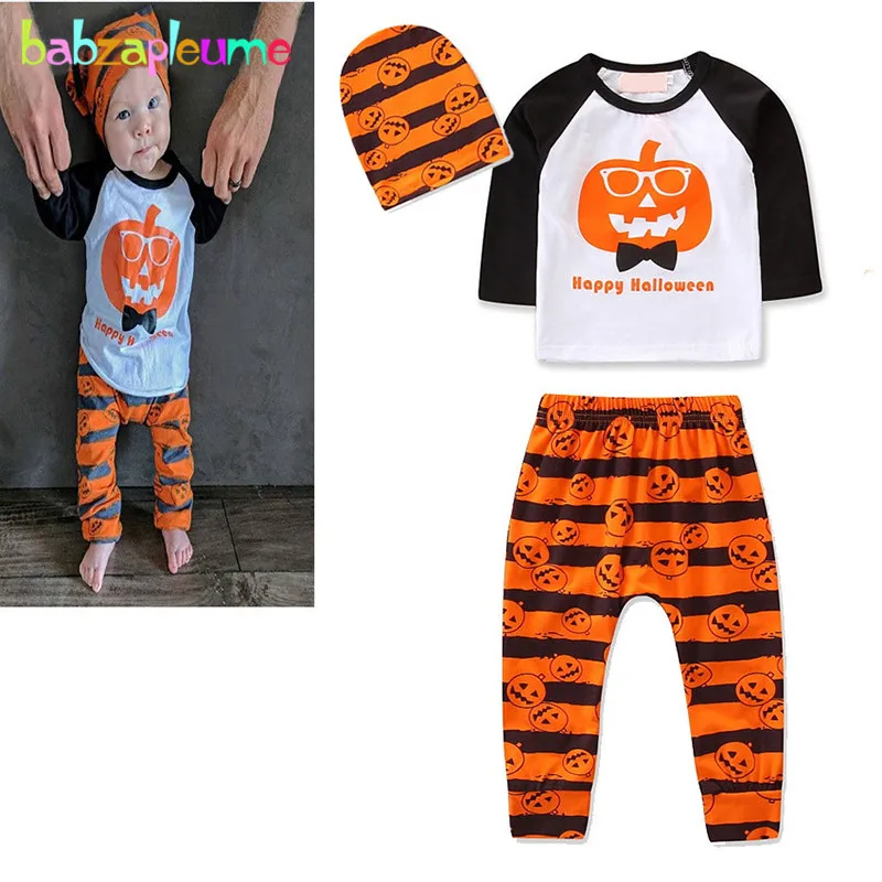 

Halloween Outfits Pumpkin 3 Piece Sets Newborn Baby Girls Boys Clothes Cartoon T-shirt+Stripe Pants+Hat Infant Clothing BC1633-1