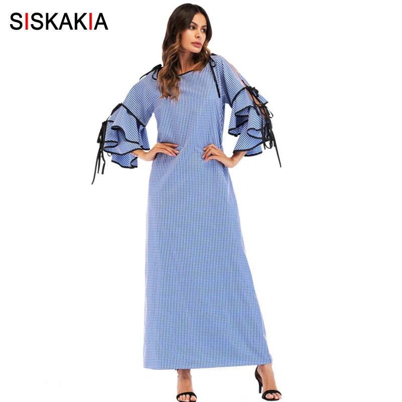 

Siskakia Spring Dress Women Fashion hollow out cross bandage Ruffles sleeve design maxi long dress Elegant Female Casual robes