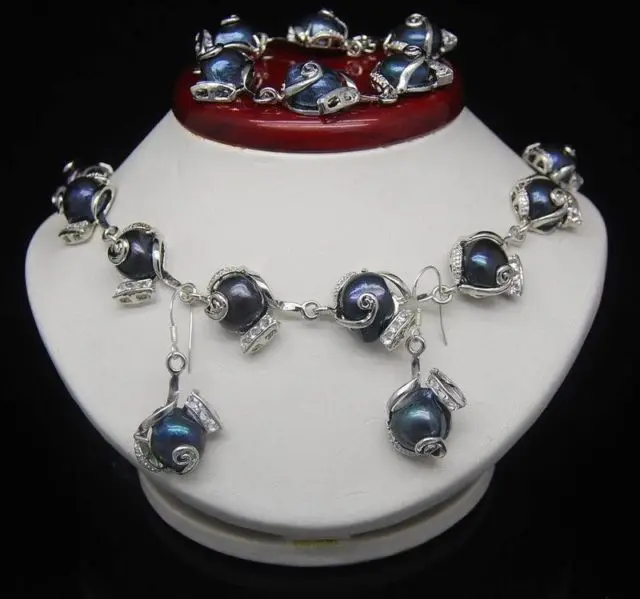 

hot Noble Natural Shape 10-11mm Black Baroque Pearl necklace Bracelets Earring ring set 5.4