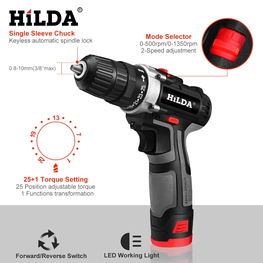 HILDA Electric Drill With Rechargeable Lithium Battery Electric Screwdriver Cordless Screwdriver Two-speed Power Tools 12V HILDA Electric Drill With Rechargeable Lithium Battery Electric Screwdriver Cordless Screwdriver Two-speed Power Tools 12V