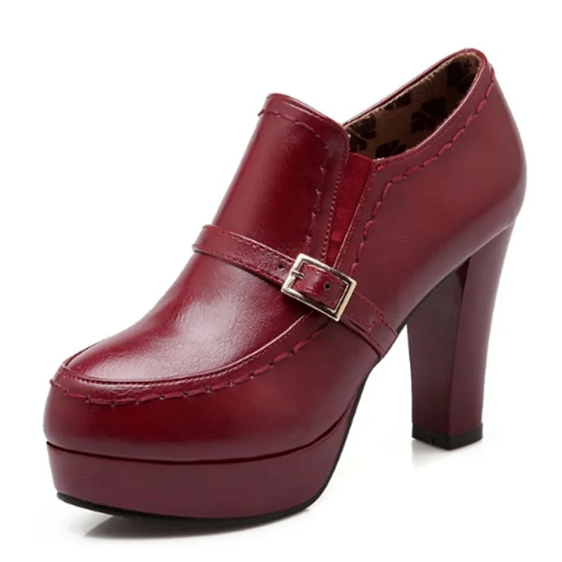 RizaBina/Большие размеры 32-43; женские модные туфли-лодочки; туфли на высоком каблуке с пряжкой и ремешком; туфли на платформе с круглым носком; сезон весна-лето-осень - Цвет: Красный