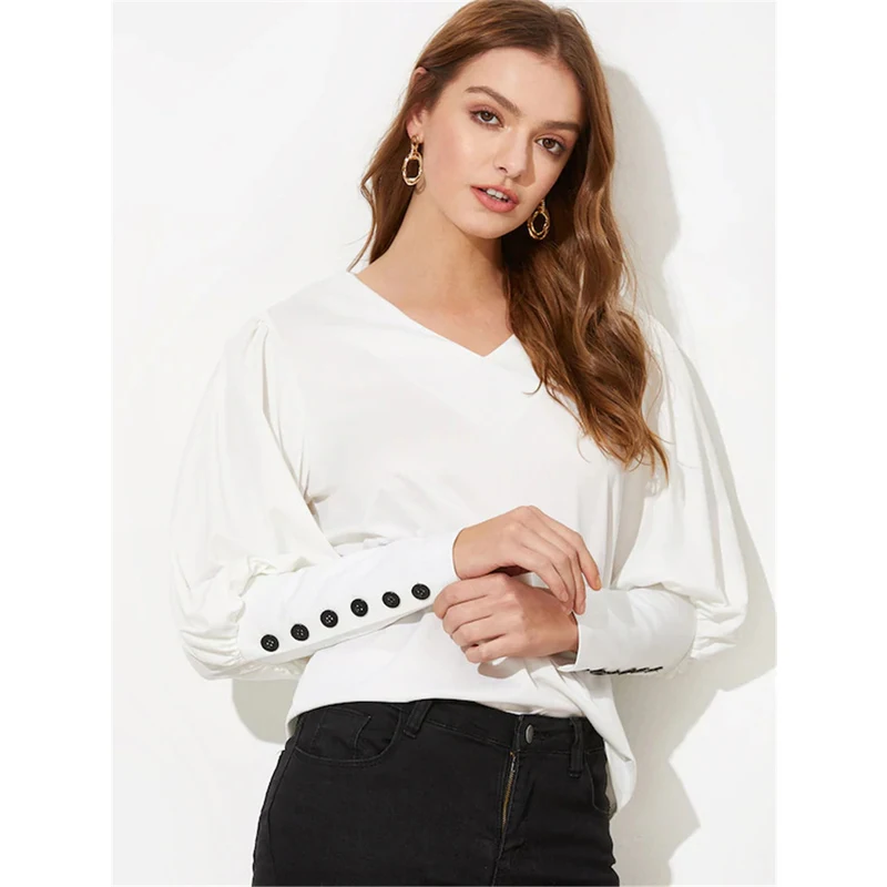 2019 V الرقبة المرأة بلوزة قميص نفخة كم زر الأبيض بلوزة الخريف الشتاء سيدة قميص أعلى الإناث مكتب بلوزة شيفون قمم