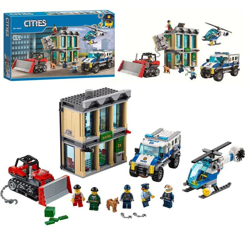 

10659 591pcs Building Blocks Toys Compatible LegoINGlys 60140 City Police Bulldozer Break-in Bank Set Toy for Children Boys gift