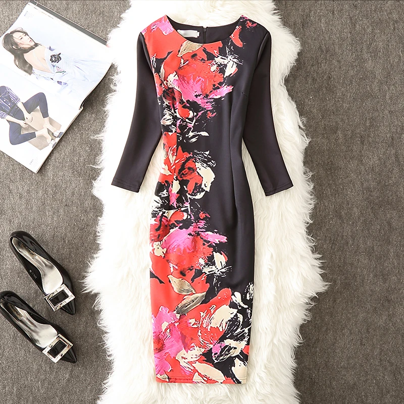 ALABIFU весеннее летнее женское платье элегантное винтажное цветочное вечернее платье для девушек офисное облегающее платье карандаш размера плюс 4XL - Цвет: 12
