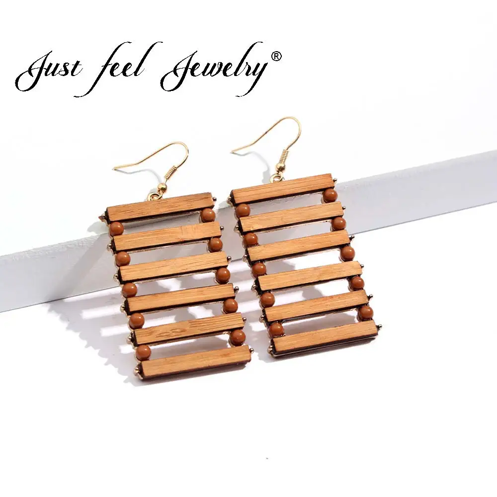 

JUST FEEL Wooden Beads Dangle Earrings For Women 2018 Fashion Long Square Bohemia Bamboo Ethnic Statement Drop Earring Jewelry