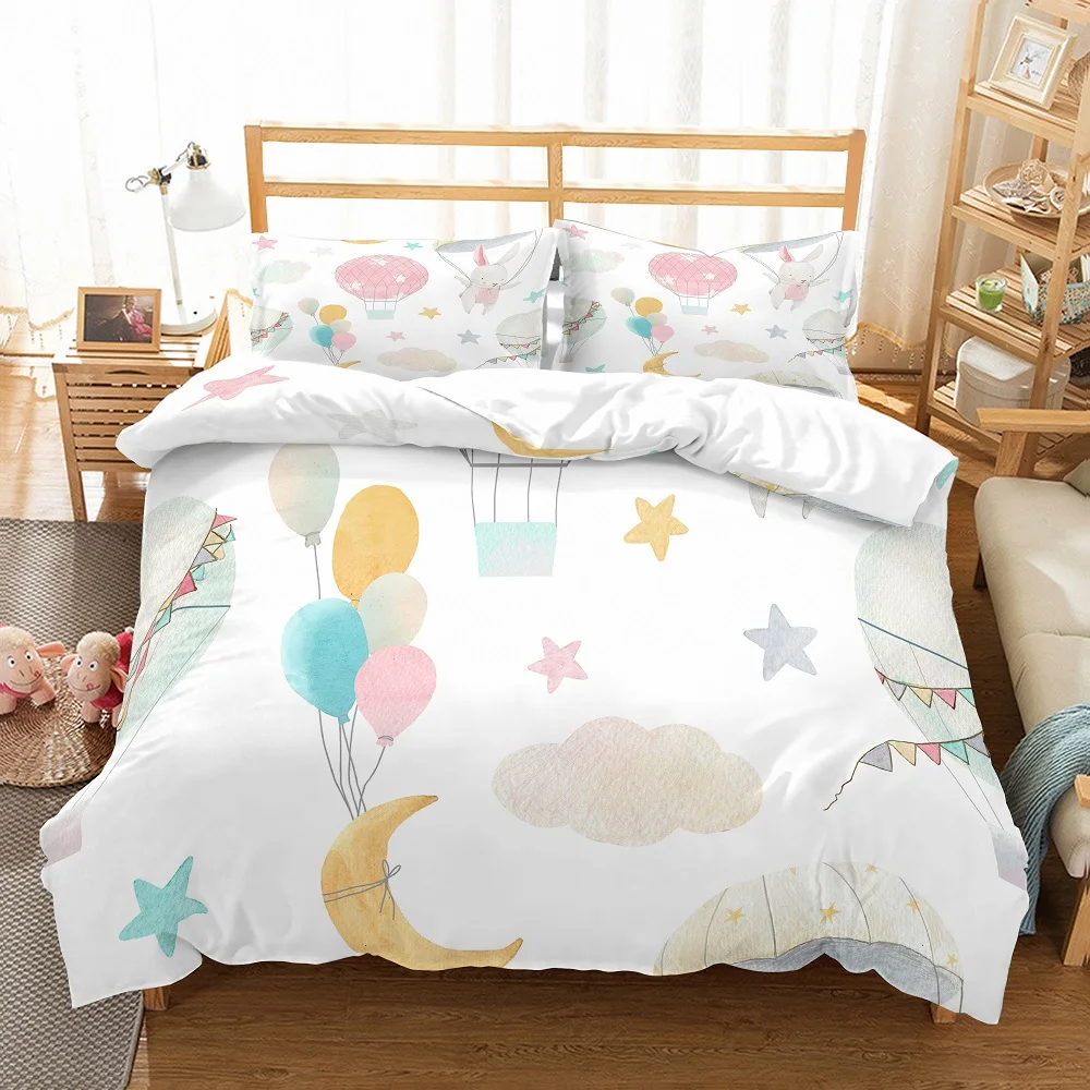 

Fire Balloon Kids Duvet Cover Set with Pillowcase Cartoon Bear Cloud Bedding Set Stars Pattern Bed Linen Set Bedclothes Bedding