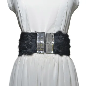

Luxury brand New Ladies's Fashion Wild Wide Belt Women Rhinestone Inlaid Famales Rabbit Fur Decorative Waistband Belt Bg-988