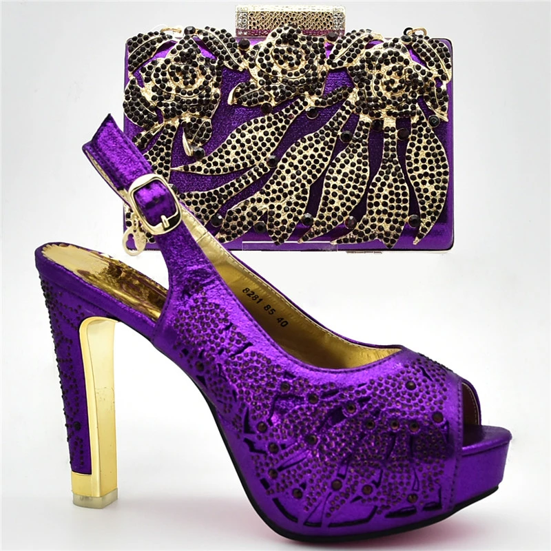 

Latest Design Womens Shoes Heels Shoe and Bag for Nigeria Party African Shoes and Bags Matching Set Decorated with Rhionestone