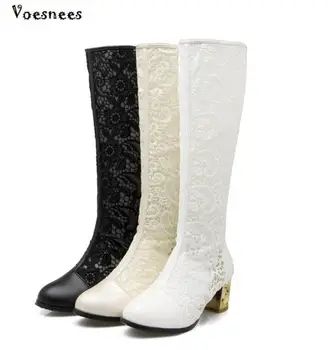 

2019 Fashion Women Boots Elegant Lace Wedding Shoes Boots Female Stretch PU Leather Boots Woman Black White Knee-Length Boots